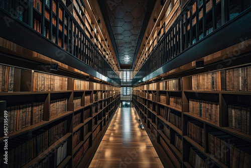 Wallpaper Mural Interior of library with many bookshelves. Rows of cabinets with old books in library. Knowledge and education. Created with Generative AI Torontodigital.ca