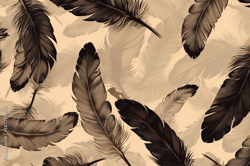 a bunch of feathers that are on a wallpaper pattern in brown and beige