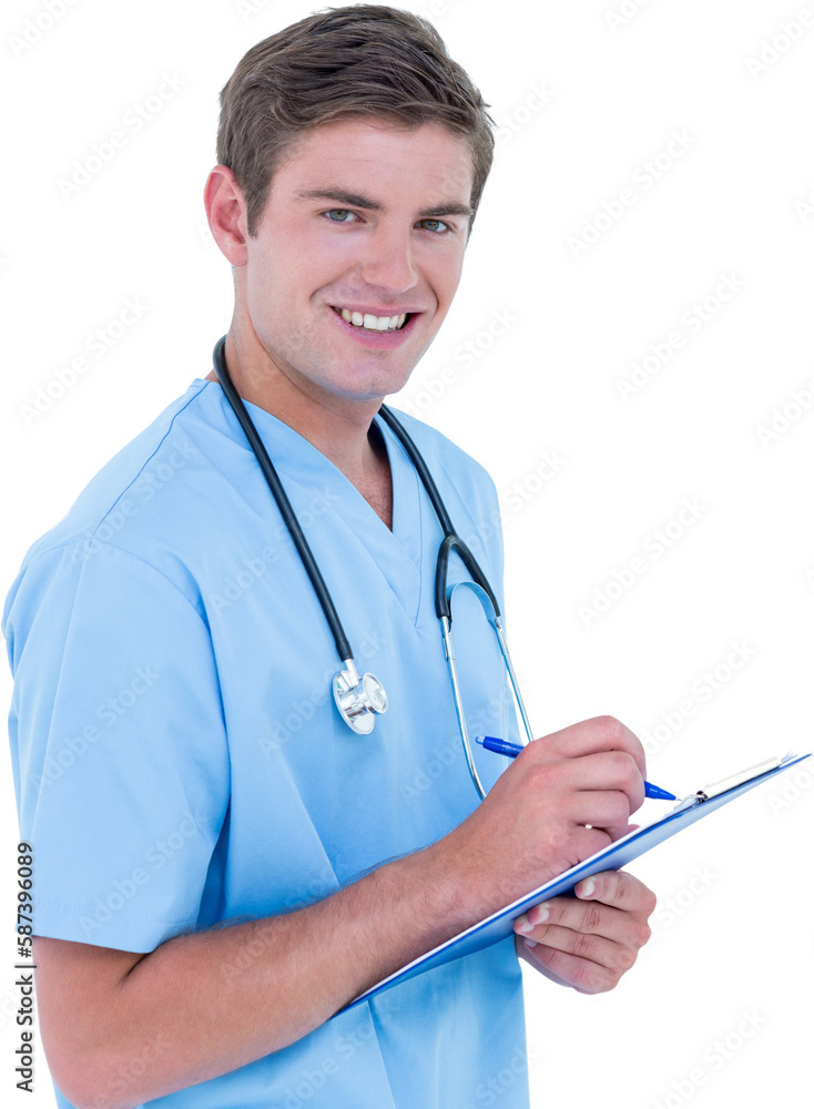 Portrait of smiling doctor holding clipboard and pen Portrait of smiling doctor holding clipboard and pen