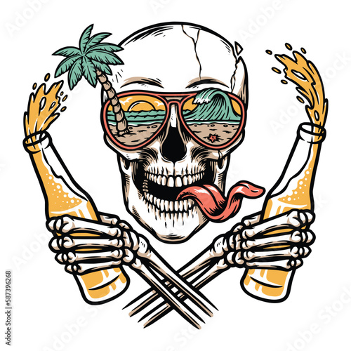 skull with beer and beach