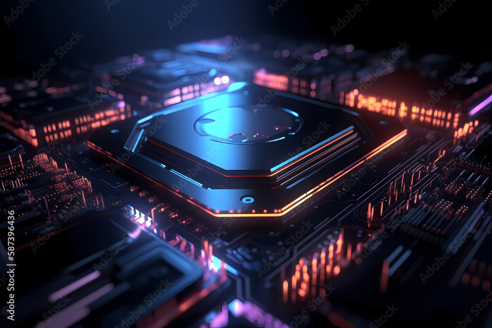 A futuristic CPU chipset with orange and blue lines as a stylish cyber background, Generative AI A futuristic CPU chipset with orange and blue lines as a stylish cyber background, Generative AI