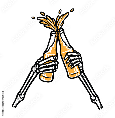 Skeleton hand holding a bottle of beer