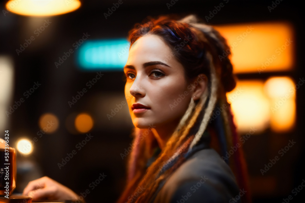 Portrait Professional brutal woman Barista with a fancy dreads and makes coffee in a modern coffee shop. Generative AI