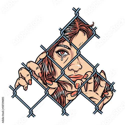 sad face of woman behind metal fence