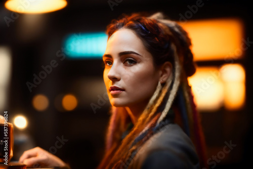 Portrait Professional brutal woman Barista with a fancy dreads and makes coffee in a modern coffee shop. Generative AI © mikhailberkut