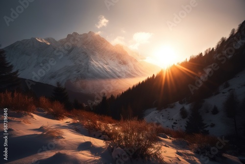  the sun shines brightly over a snowy mountain range with pine trees in the foreground and a dustin of snow on the ground below.  generative ai photo