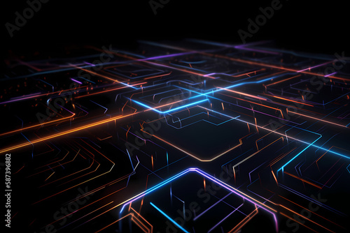A futuristic CPU chipset with orange and blue lines as a stylish cyber background, Generative AI