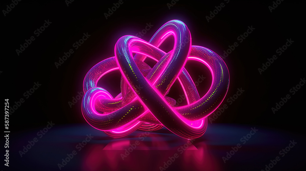 3d render, pink violet neon tangled geometric shape glowing in the dark. Generative Ai 3d render, pink violet neon tangled geometric shape glowing in the dark. Generative Ai
