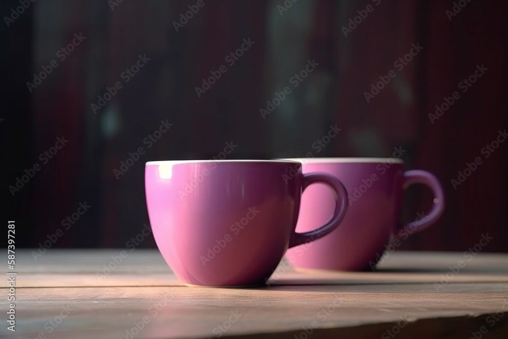two pink coffee cups sitting on top of a wooden table next to each other on a wooden table top with a red curtain in the background. generative ai two pink coffee cups sitting on top of a wooden table next to each other on a wooden table top with a red curtain in the background. generative ai