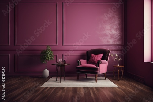  a living room with a pink chair and a table with a vase on top of it and a white rug on the floor next to it. generative ai