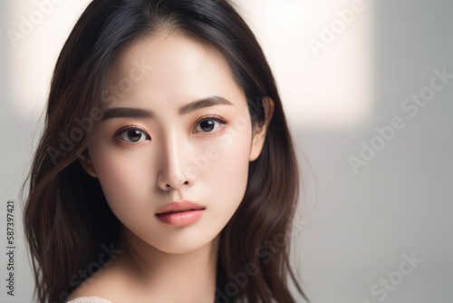 Beautiful young Asian woman with clean fresh skin isolated on white background, Face care, Facial treatment, Cosmetology, beauty and spa, Asian women portrait generative ai