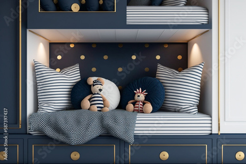 Modern interior design of woman or childrens bedroom with bunk. Super photo realistic background, generative ai	illustration
 photo