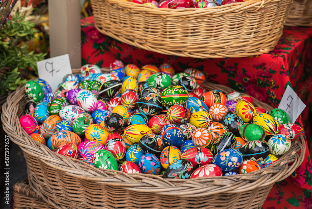 Colorful decorated Easter eggs on street fair market