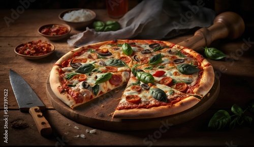 Photo of hot fresh and delicious pizza on wooden table