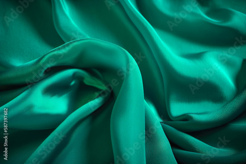 Texture of green silk fabric. Beautiful emerald green soft silk fabric background