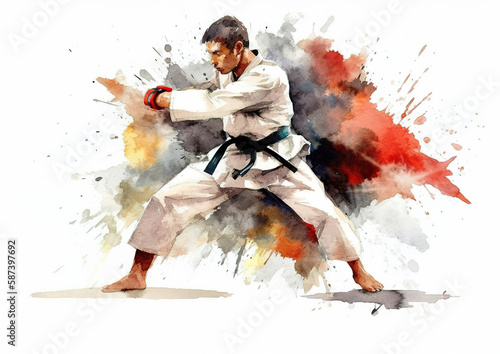 Martial arts are various sports or skills, mainly of Japanese origin, developed as forms of self-defense or attack, such as judo, karate and kendo.Watercolor,colorful paint splash with AI generated.