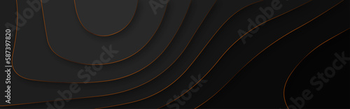 Luxurious Black papercut background. Abstract realistic paper cut decoration textured with wavy layers. Geometric cut paper black luxury background with gold elements, topography map concept.