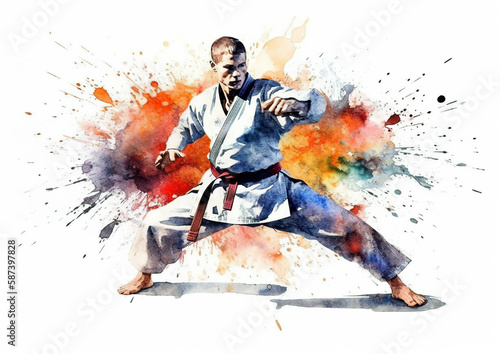 Martial arts are various sports or skills, mainly of Japanese origin, developed as forms of self-defense or attack, such as judo, karate and kendo.Watercolor,colorful paint splash with AI generated. photo