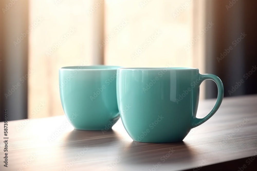 two teal coffee mugs sitting on a wooden table in front of a window with sunlight streaming through the window pane behind them. generative ai two teal coffee mugs sitting on a wooden table in front of a window with sunlight streaming through the window pane behind them. generative ai