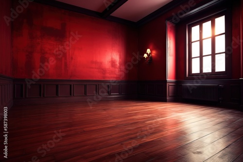  an empty room with a red wall and wooden floors and a lamp on the wall and a window in the center of the room with a red wall.  generative ai © Nadia