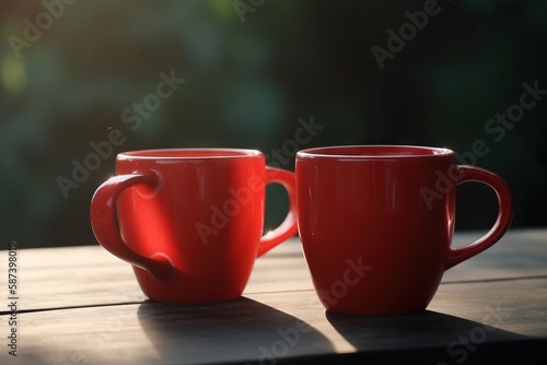  two red coffee cups sitting on top of a wooden table next to each other on top of a wooden table with a blurry background.  generative ai