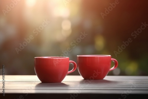  two red cups sitting on top of a wooden table next to each other on a wooden table with sunlight streaming through the background of the two cups.  generative ai