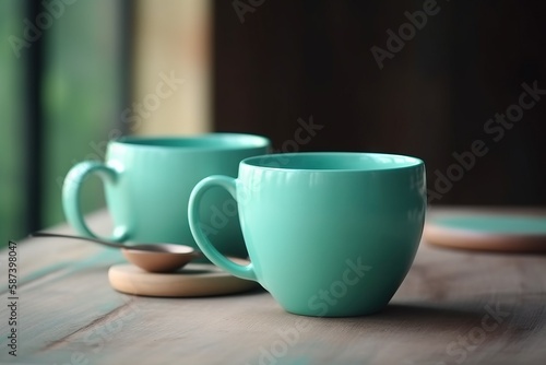  two tea cups sitting on top of a wooden table next to each other on a wooden table with a spoon in front of them and a window in the background.  generative ai