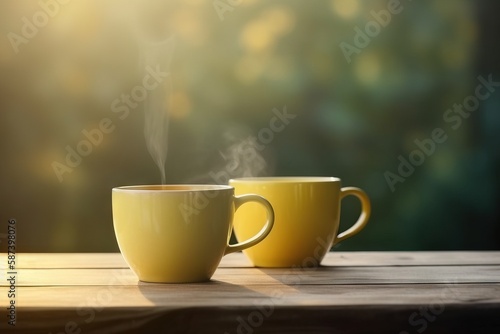  two yellow coffee mugs sitting on a wooden table with a blurry background of trees and bushes in the distance, with a steaming coffee cup in the foreground. generative ai