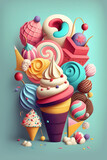 Colorful pastel candies, lollipops, chocolates and an ice-cream cone displayed on a blue background. Generative AI illustration