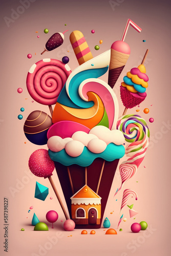 Fototapeta Naklejka Na Ścianę i Meble -  Illustration of an assortment of candies, lollipops, chocolates and a giant ice cream. Generative AI