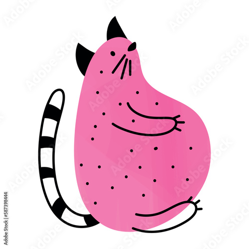 Funny fat hungry cat. Doodle art. Simple pink minimalist cat sitting. Stylish clipart for children's and teenage clothes and print. Gradient or watercolor effect. A strange animal character. Isolated.