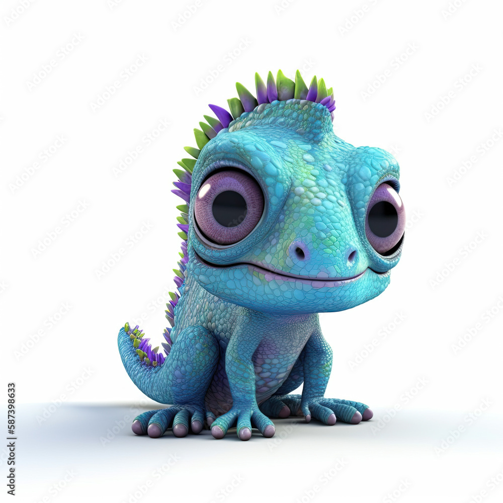 A happy 3D chameleon character sitting on a white background. Ai generated illustration.