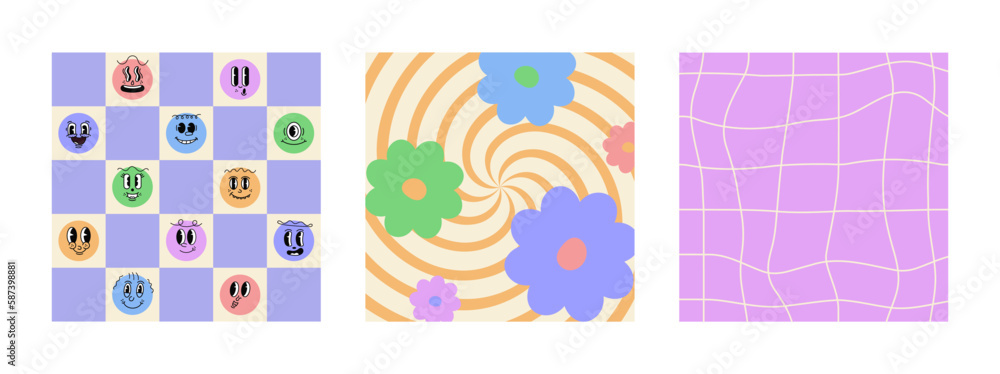 Groovy hippie 70s posters. Funny cartoon flower, rainbow, love, daisy etc. Vector backgrounds. Flower power. Stay groovy. Good vibes. Colorful pastel color groovy artwork bundle, y2k style