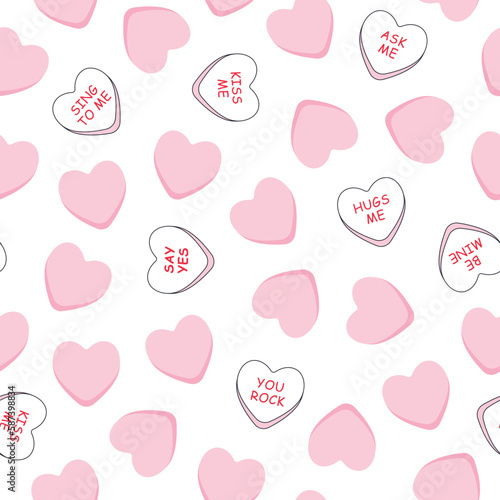 Sweet heart pink candy seamless pattern. Cute weetheart candies for valentines day