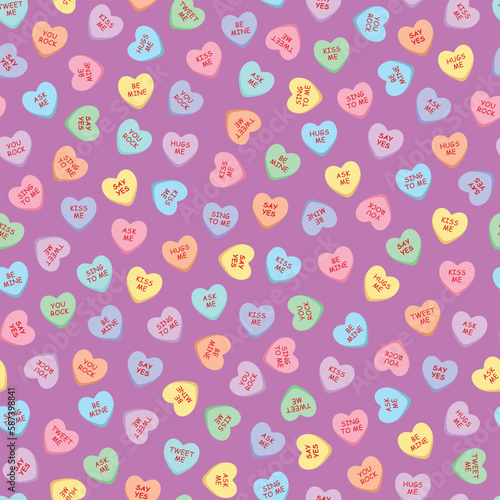 Sweet heart candy seamless pattern. Cute weetheart candies for valentines day