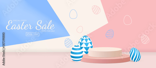 Trendy Easter podim with 3d egg. Minimalistic sale poster. Easter egg. Modern 3d graphic concept. Vector illustration EPS10
