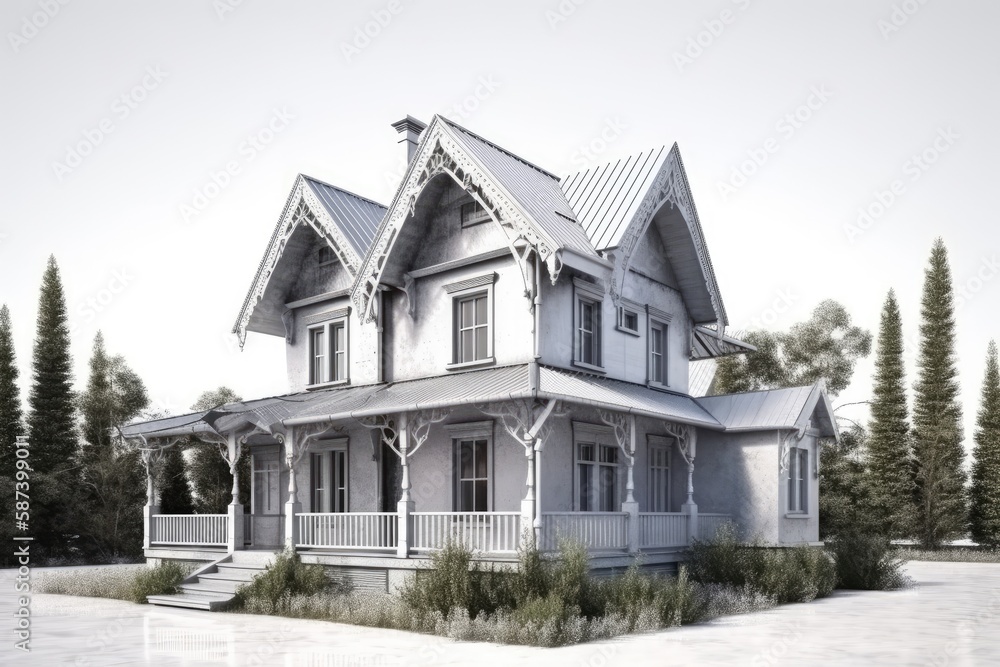 beautiful white house with a spacious porch and lawn. Generative AI beautiful white house with a spacious porch and lawn. Generative AI