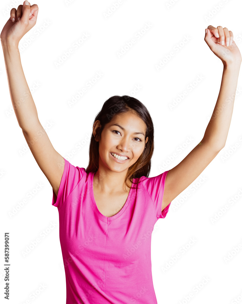 Smiling asian woman raising arms Smiling asian woman raising arms