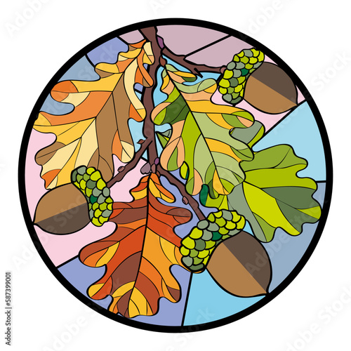 Decorative stained glass window made of oak leaves in the style of application, batik, element of decor, design, postcards, poster, wallpaper, postcard, textile, fabric, wrapper, packaging