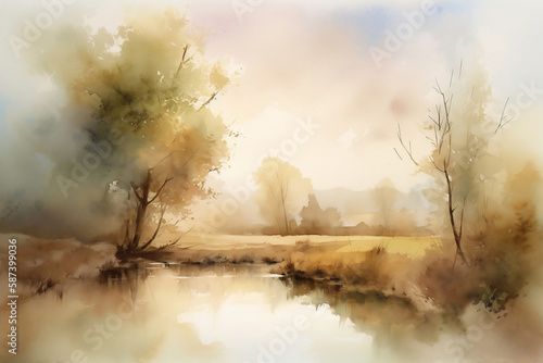 Watercolor painting with a rural view in the morning  generative ai