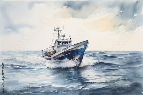 Watercolor of dreamy marine, cutter boat sailing on the sea, generative ai