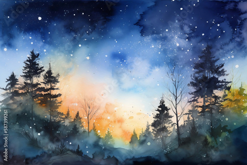 Night starry sky painted with watercolor. Generative AI.