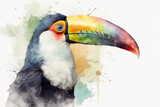 Toucan perched on a branch in the tropics. Watercolor painting. Generative AI.