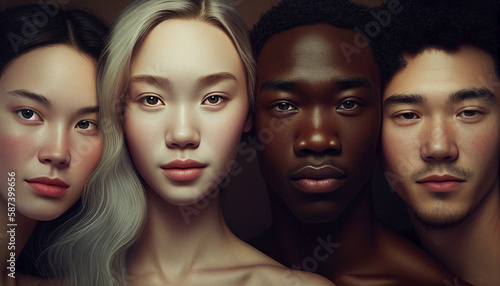 Four friends, one powerful message: a beautiful portrait of four friends, representing the importance of diversity, acceptance, and unity in a world that often tries to divide us. Ai generated. © Cala Serrano