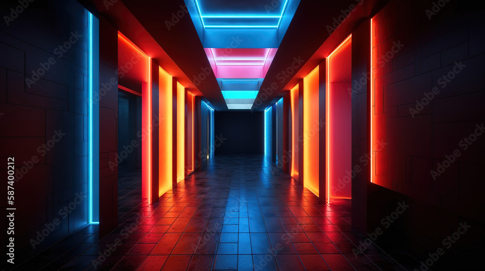 Dark corridor or tunnel, illuminated with bright light. Generative Ai