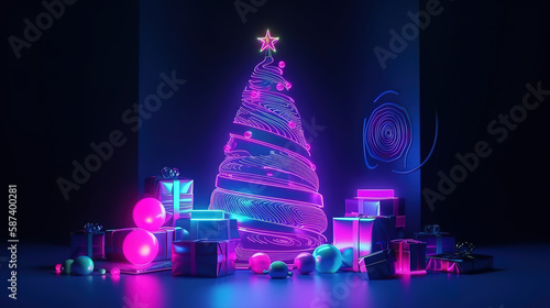 3d render, Christmas neon background with fir tree. Generative Ai © MdMaruf