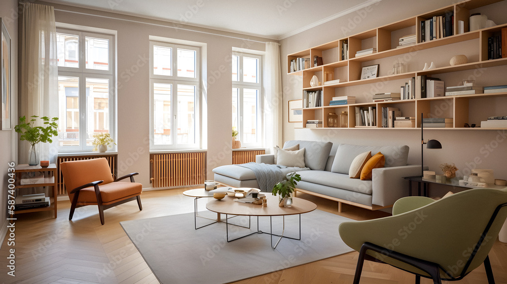 Fototapeta premium modern, colourful living room interior, created with generative AI