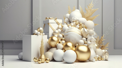 3d render  white and gold Christmas background. Generative Ai