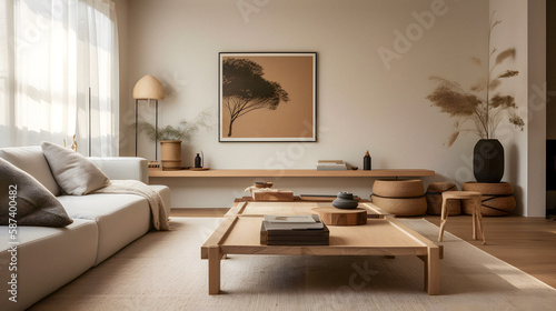 living room interior in scandi Japanese style, created with generative AI © Sebastian