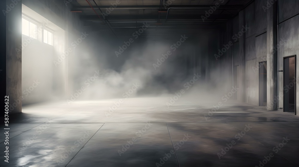 Naklejka premium Empty Concrete Room with Smoke or Steam on the Floor